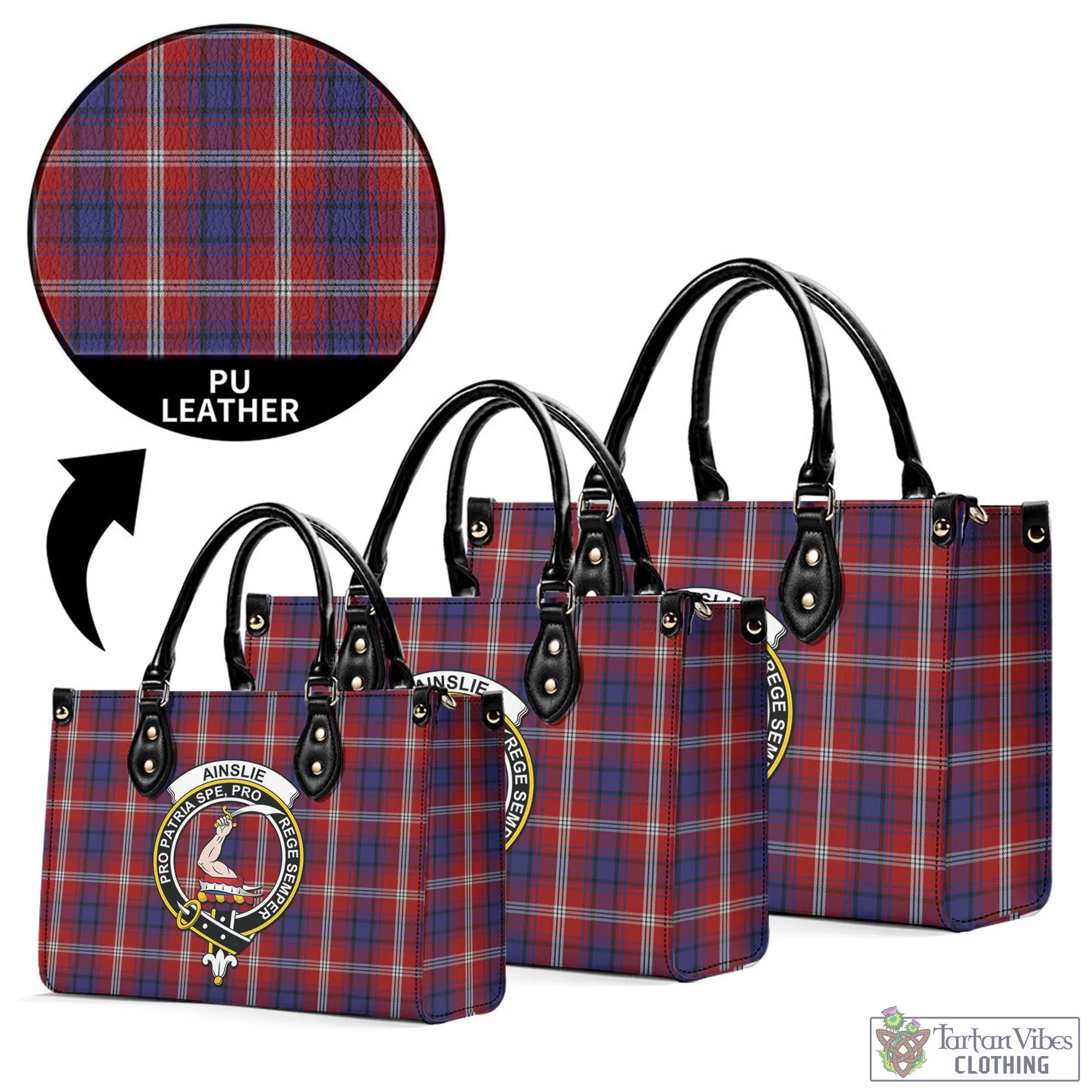 Ainslie Tartan Luxury Leather Handbags with Family Crest