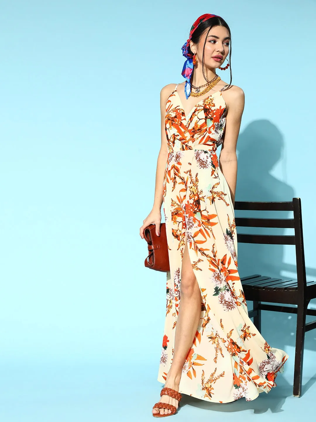 Berrylush Women Beige & Orange Floral Printed V-Neck Thigh-High Slit Crepe Flared Maxi Dress