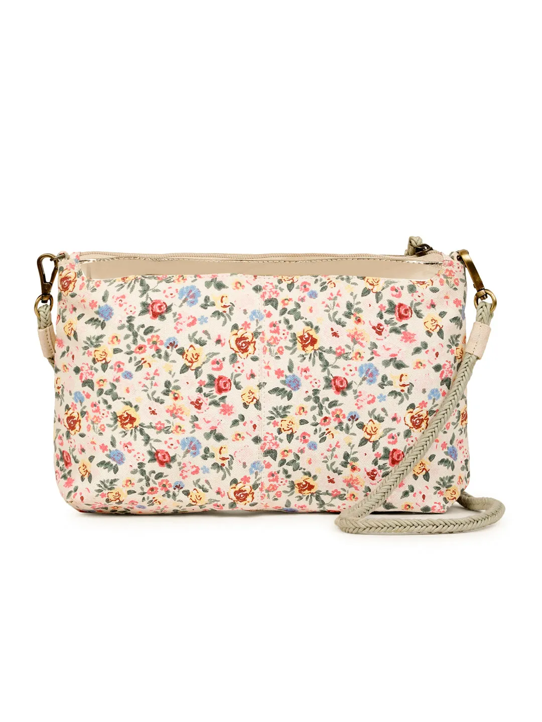 Berrylush Women White Floral Printed Canvas Detachable Sling Strap Small Clutch/Sling Bag