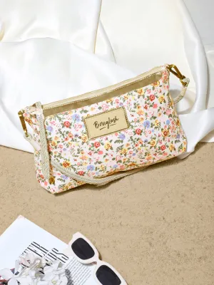 Berrylush Women White Floral Printed Canvas Detachable Sling Strap Small Clutch/Sling Bag