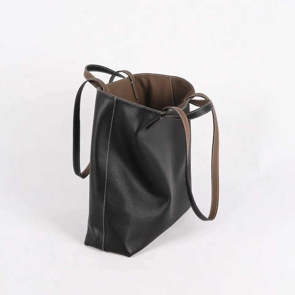 Black & Khaki Double-sided Full Grain Cow Leather Large Capacity Tote Bag | Handbag | Shoulder Bag