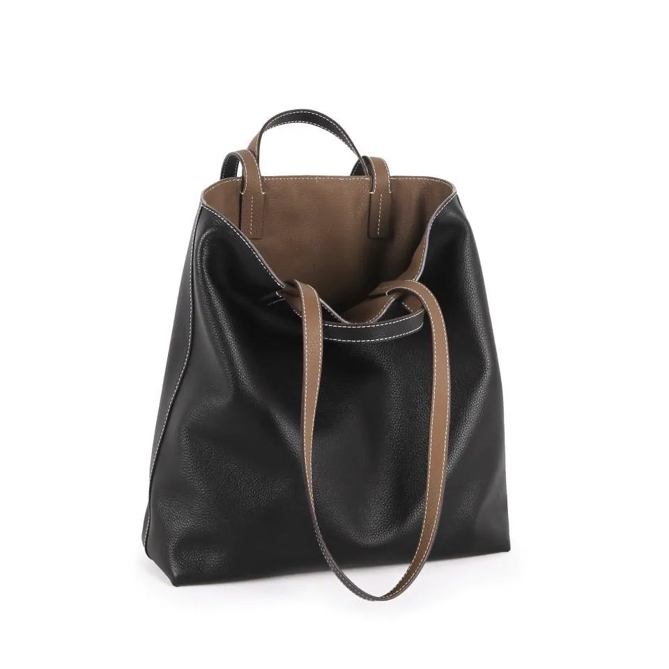 Black & Khaki Double-sided Full Grain Cow Leather Large Capacity Tote Bag | Handbag | Shoulder Bag