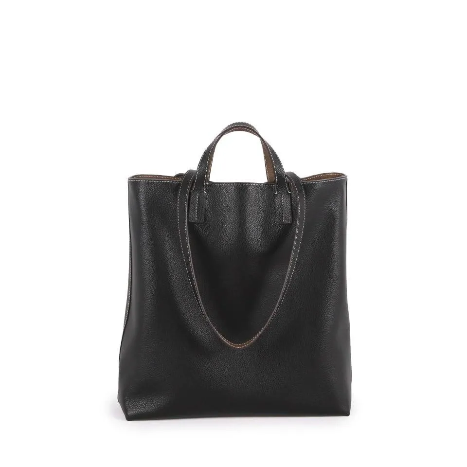 Black & Khaki Double-sided Full Grain Cow Leather Large Capacity Tote Bag | Handbag | Shoulder Bag