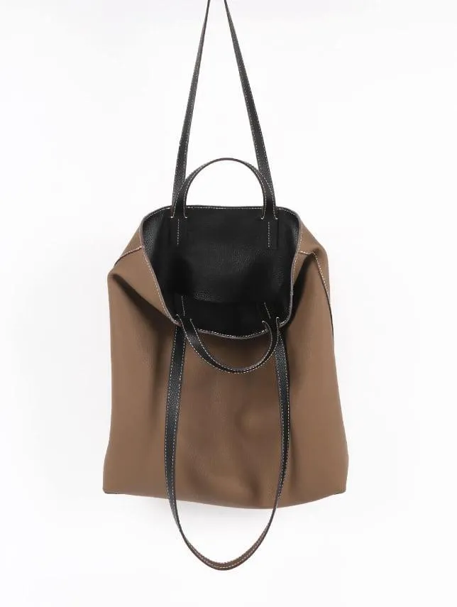 Black & Khaki Double-sided Full Grain Cow Leather Large Capacity Tote Bag | Handbag | Shoulder Bag