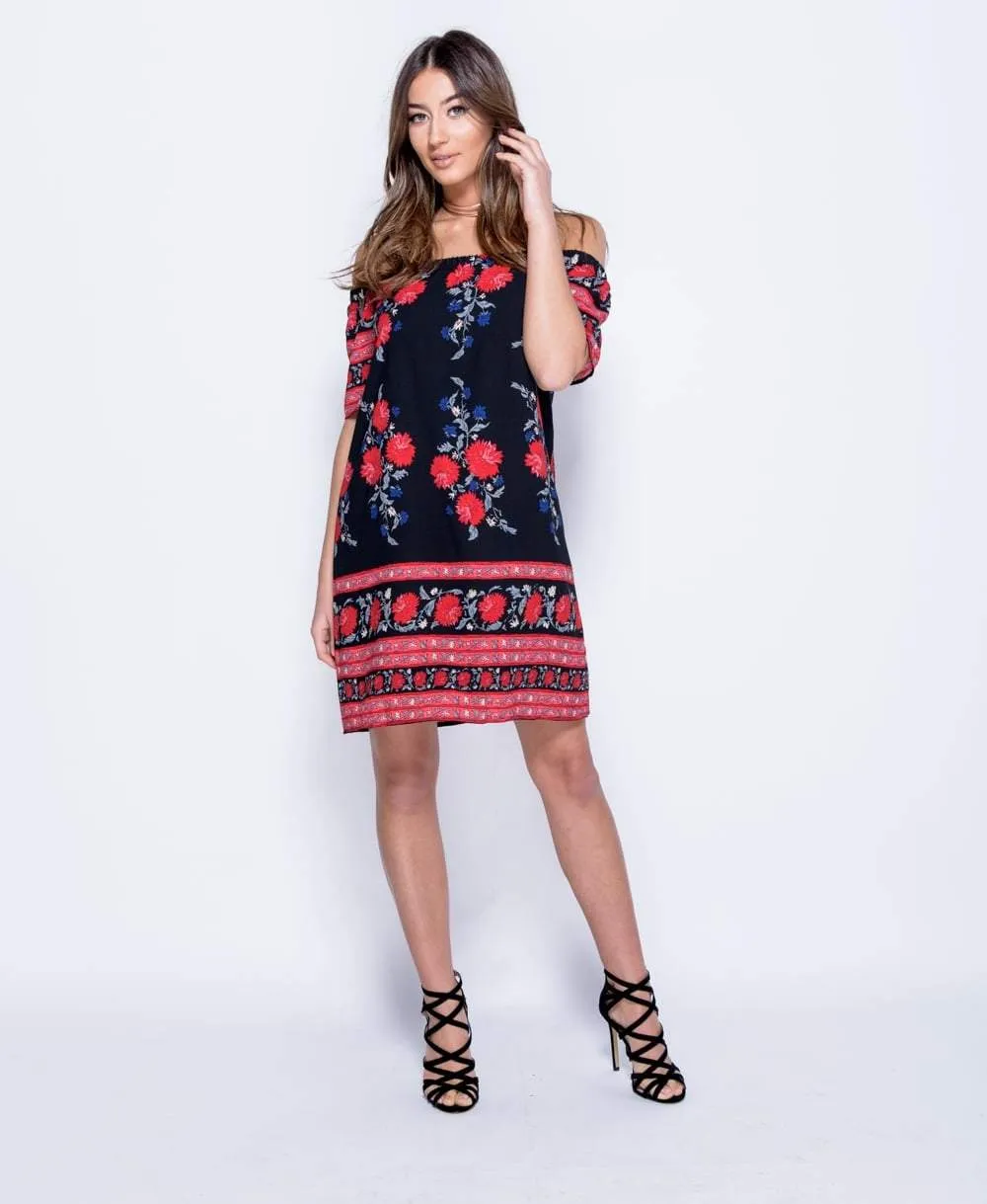 Black Floral Bardot Dress - Tamia