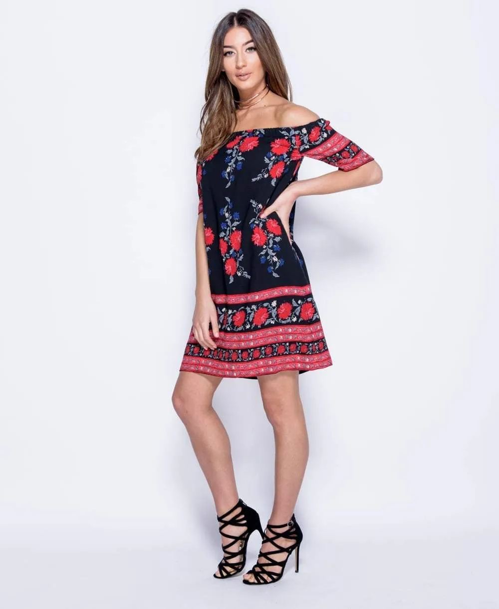 Black Floral Bardot Dress - Tamia