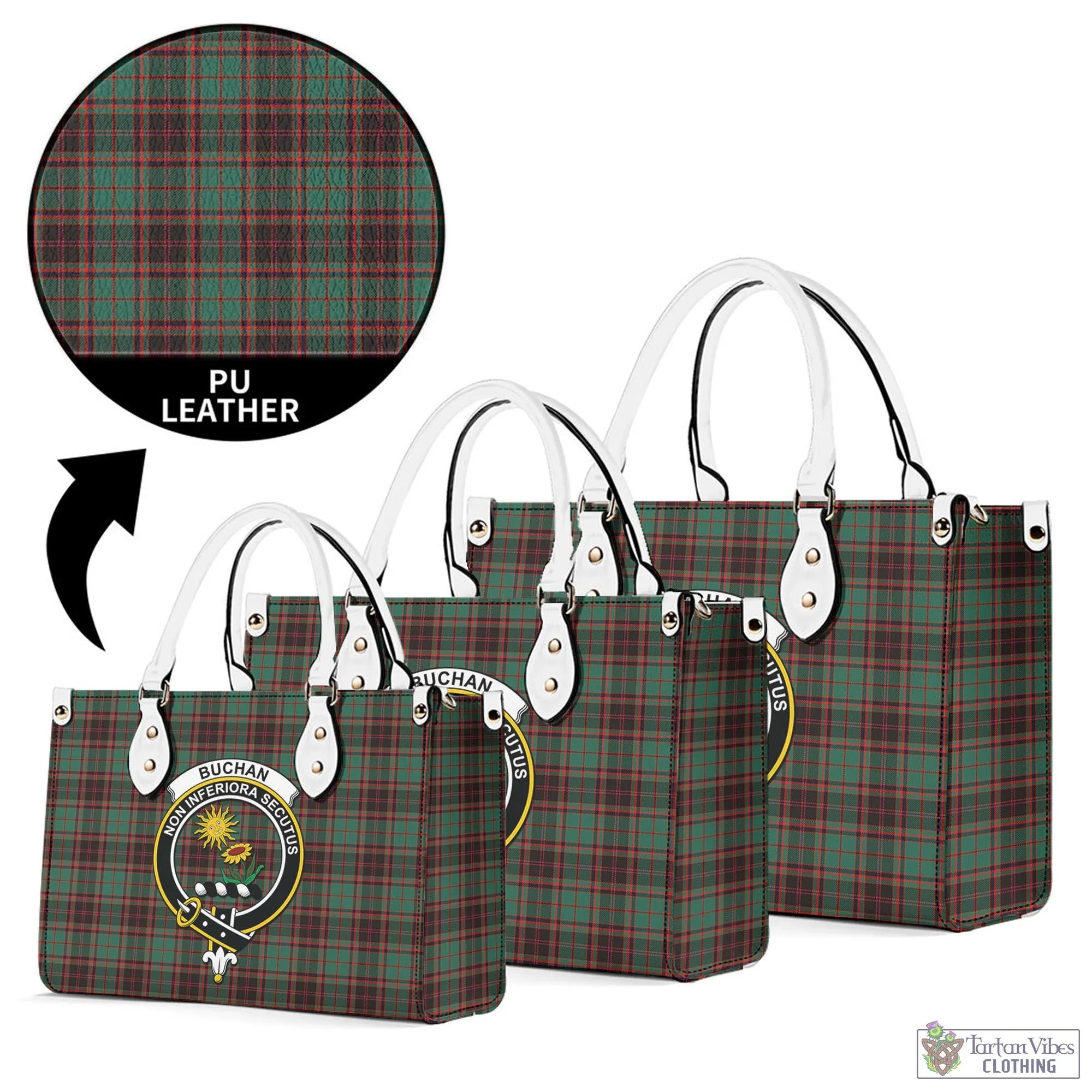 Buchan Ancient Tartan Luxury Leather Handbags with Family Crest