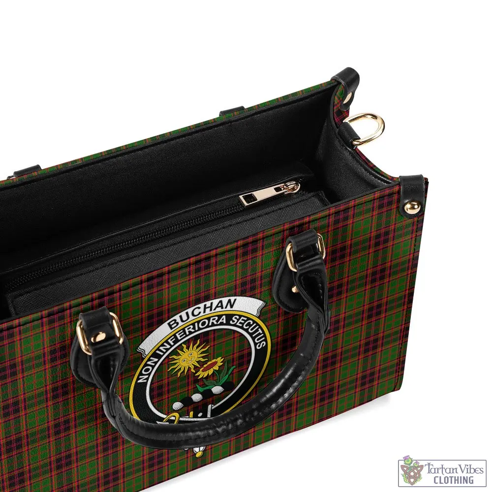 Buchan Tartan Luxury Leather Handbags with Family Crest