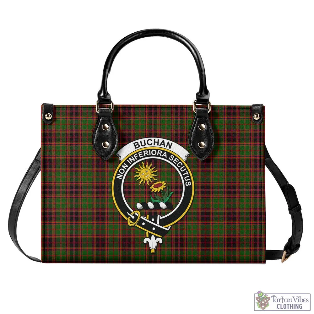 Buchan Tartan Luxury Leather Handbags with Family Crest