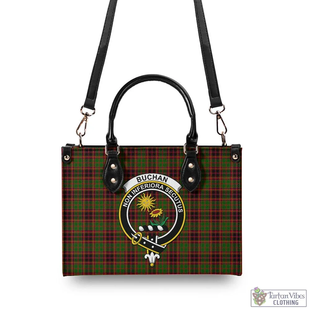 Buchan Tartan Luxury Leather Handbags with Family Crest