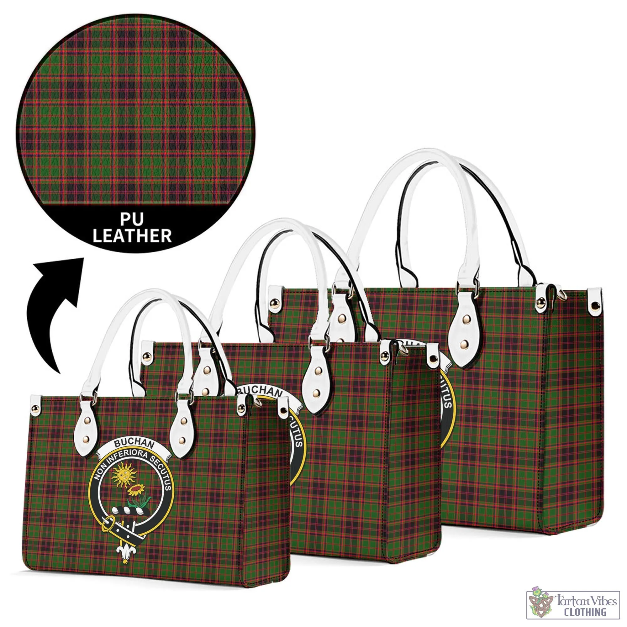 Buchan Tartan Luxury Leather Handbags with Family Crest