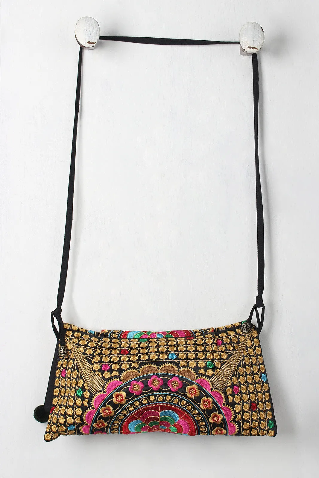 Colorful Embroidered Floral Pom Pom Bell Bag