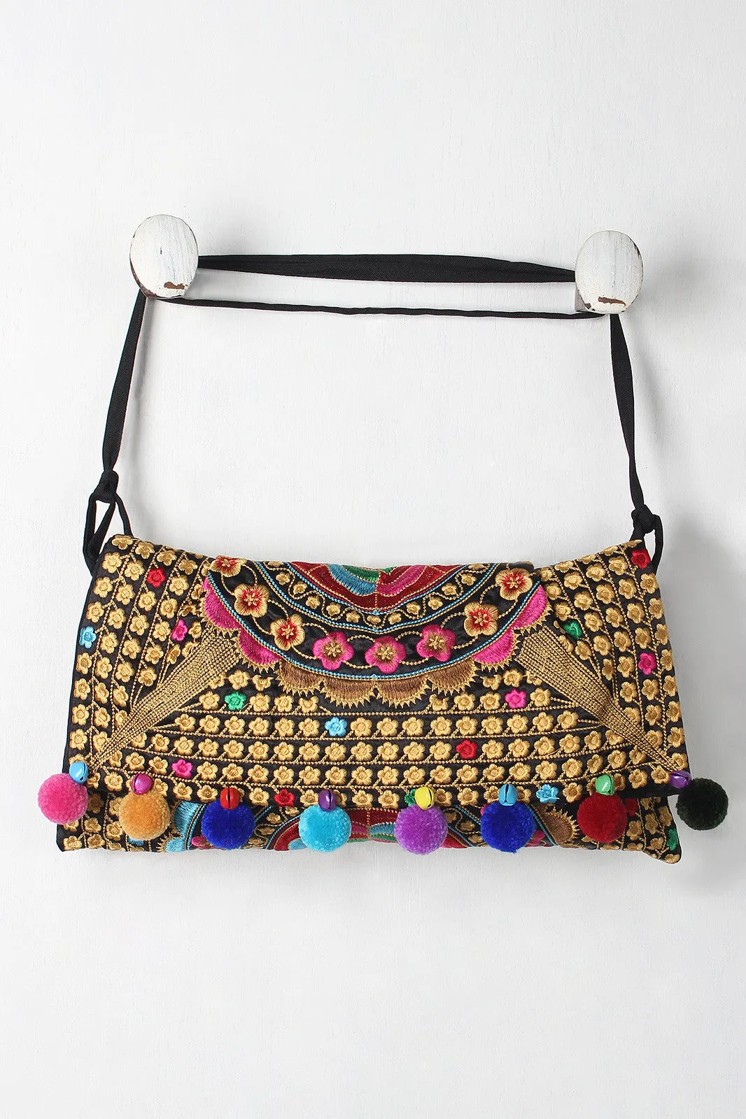 Colorful Embroidered Floral Pom Pom Bell Bag