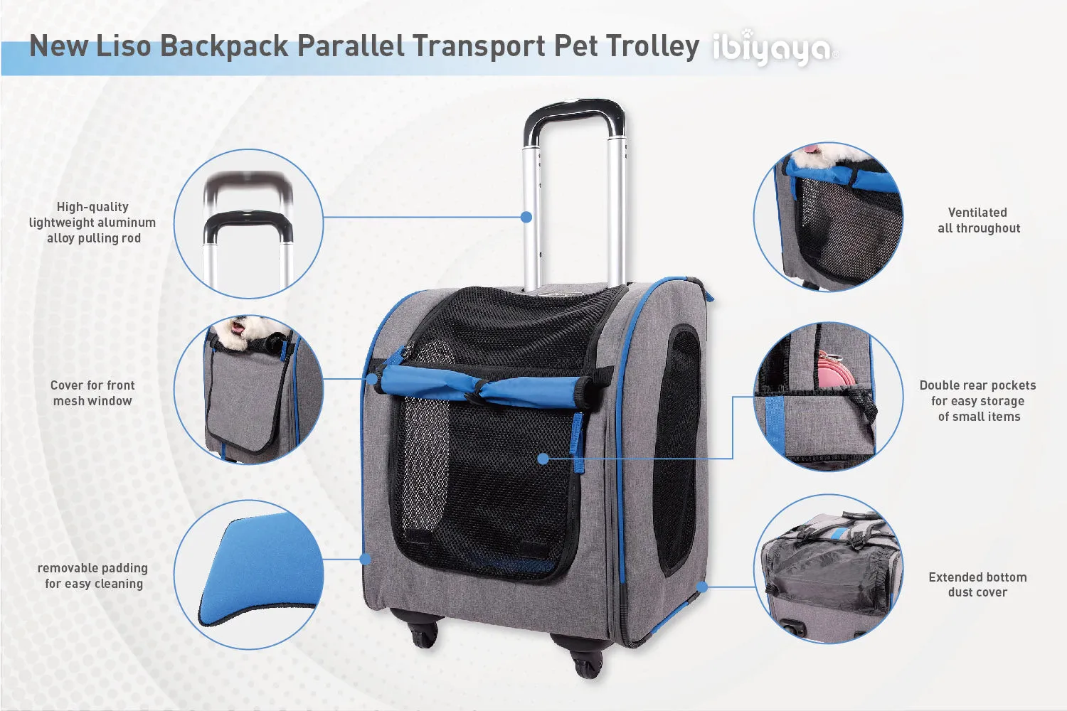 Ibiyaya Liso Backpack & Parallel Transport Pet Trolley | Slate/Sapphire