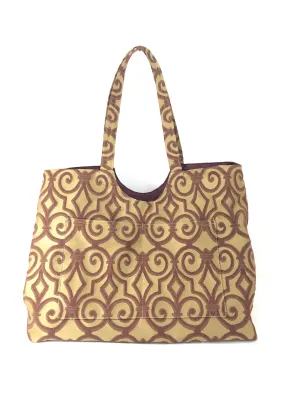 Magnum Tote in Bronze and Burgundy Scroll Jacquard