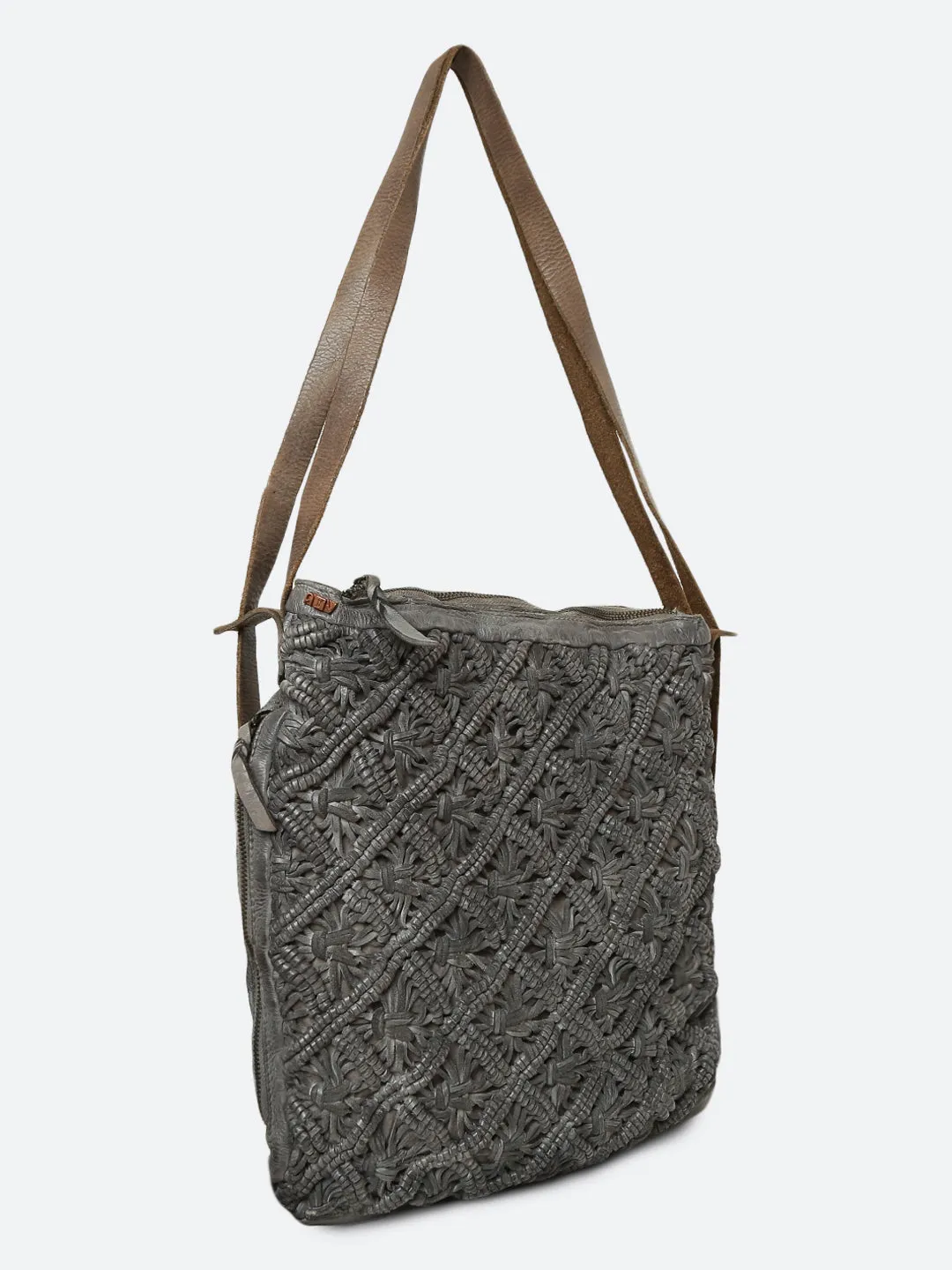 Mauch: Grey Leather Shopper Cum Backpack With Macrame Weaving