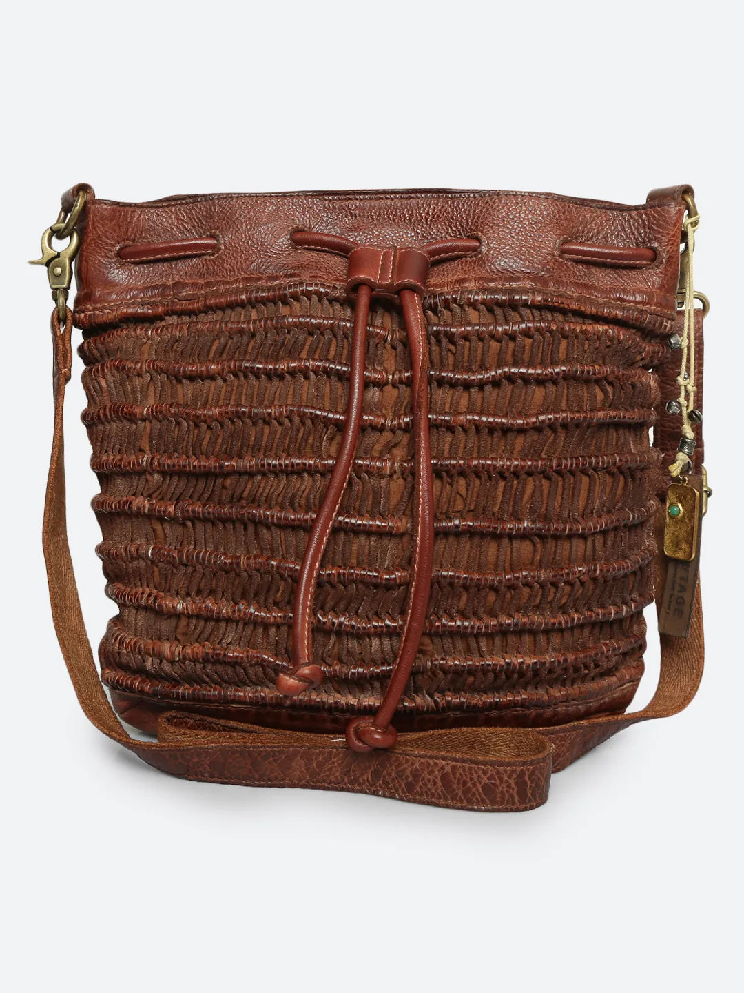 Meidl: Cognac Leather Macrame Weaving Bucket Drawstring Bag