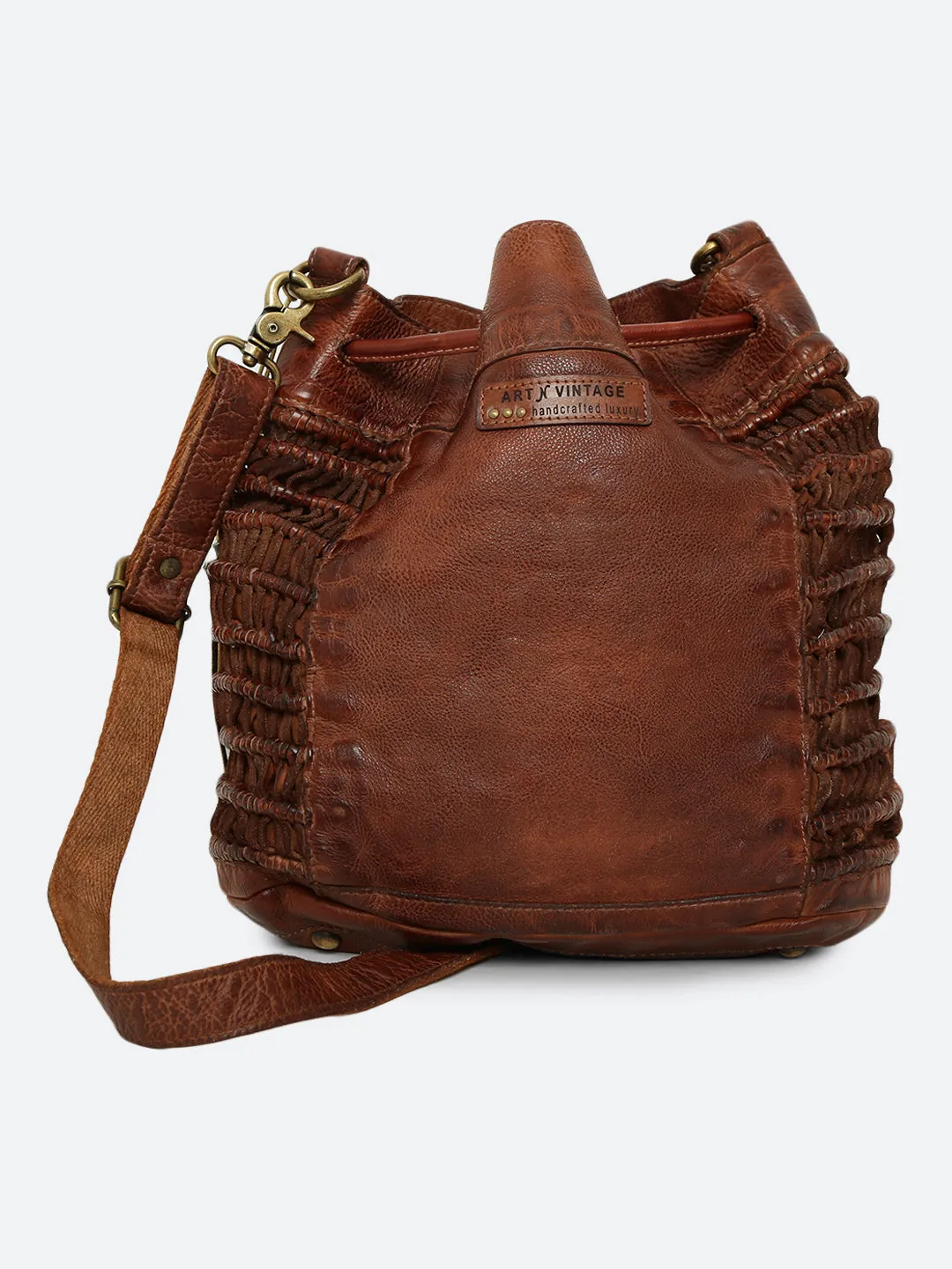 Meidl: Cognac Leather Macrame Weaving Bucket Drawstring Bag