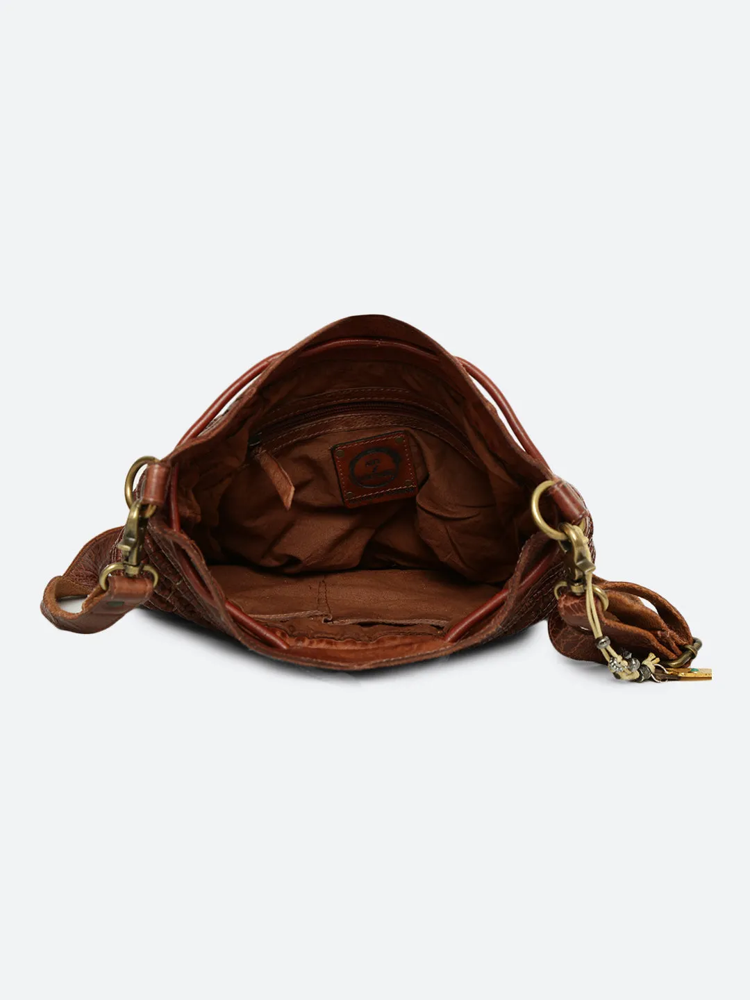 Meidl: Cognac Leather Macrame Weaving Bucket Drawstring Bag