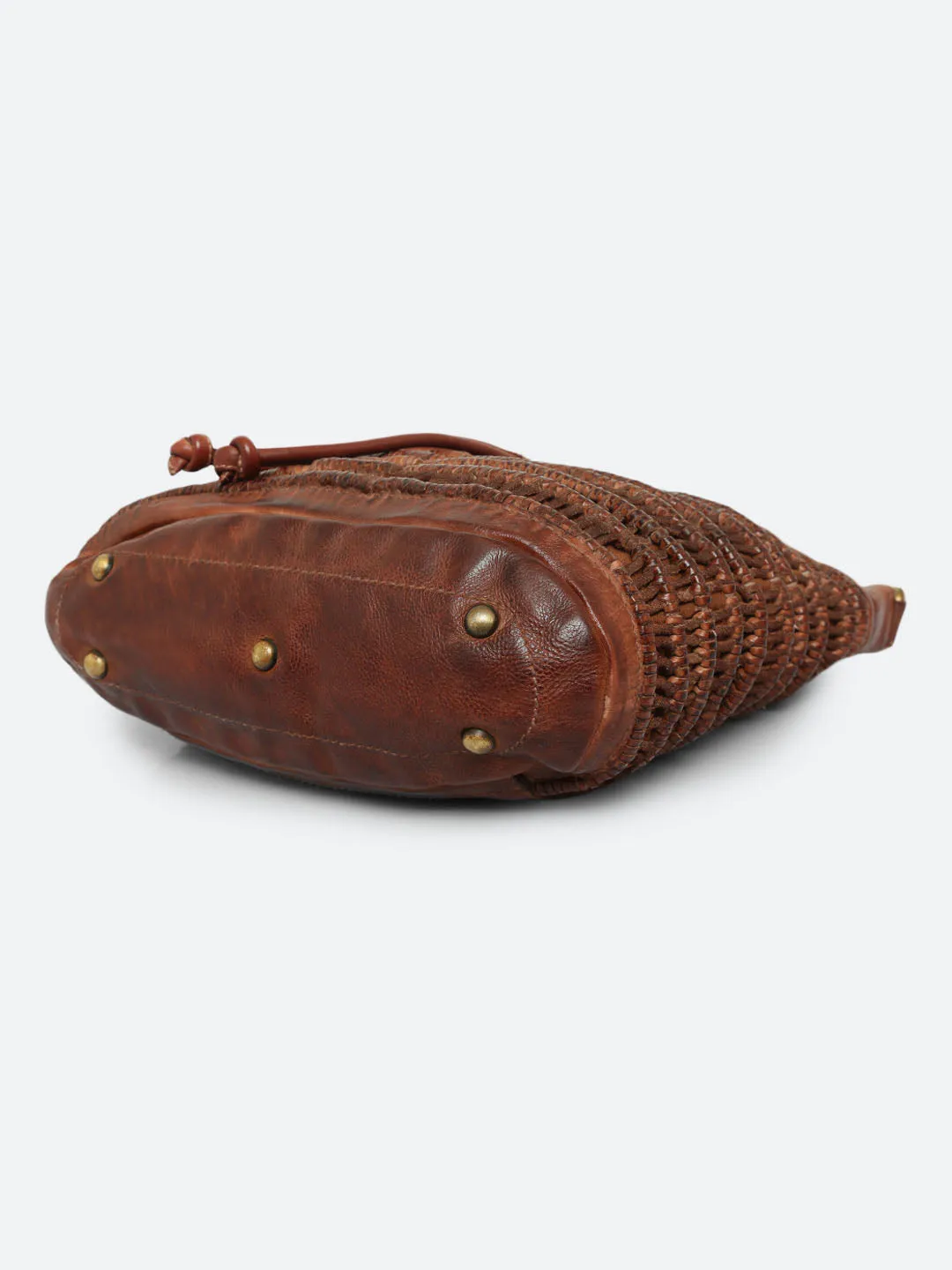 Meidl: Cognac Leather Macrame Weaving Bucket Drawstring Bag