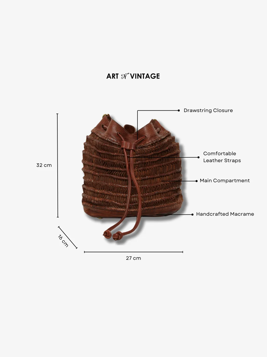 Meidl: Cognac Leather Macrame Weaving Bucket Drawstring Bag