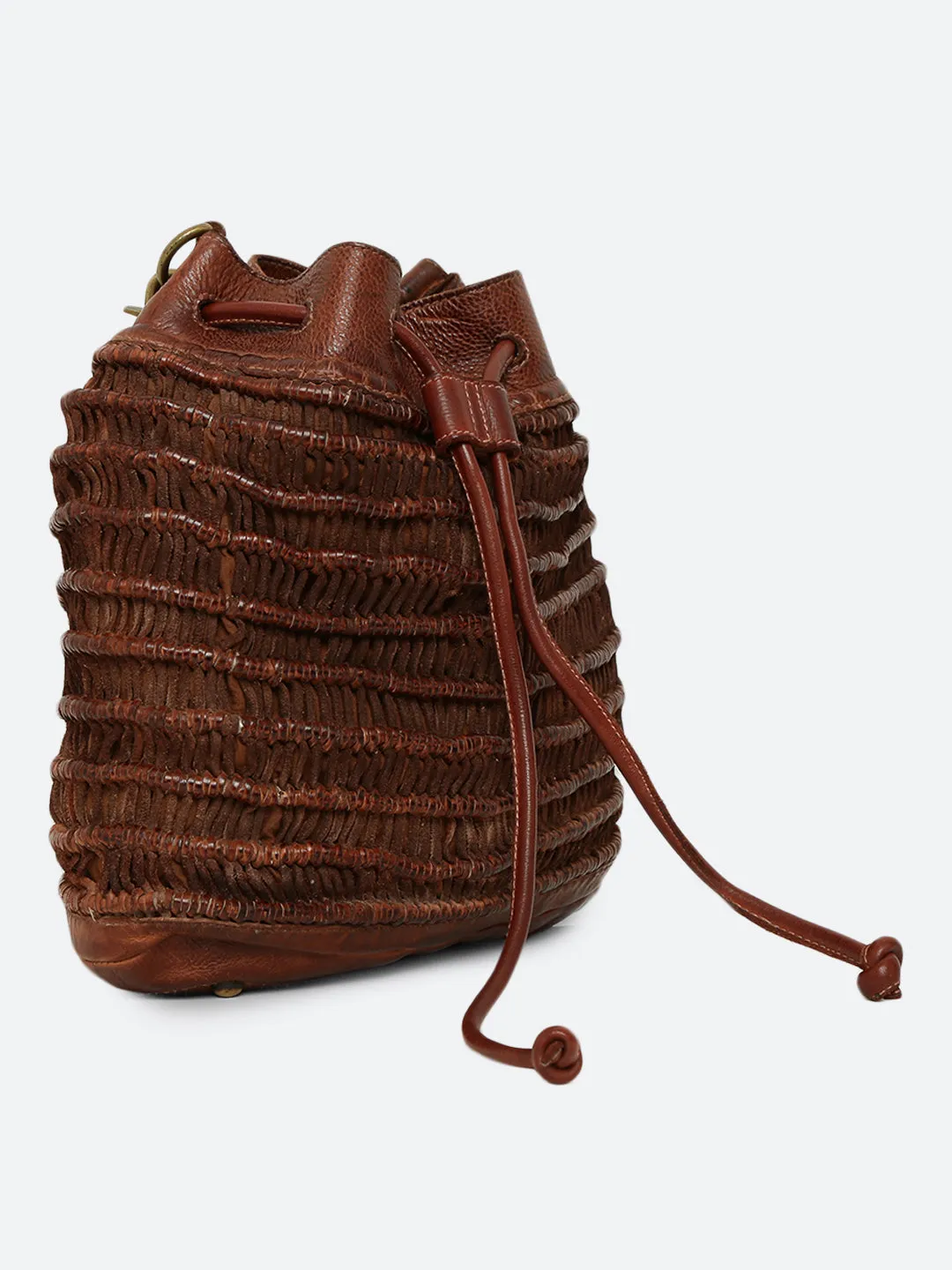 Meidl: Cognac Leather Macrame Weaving Bucket Drawstring Bag