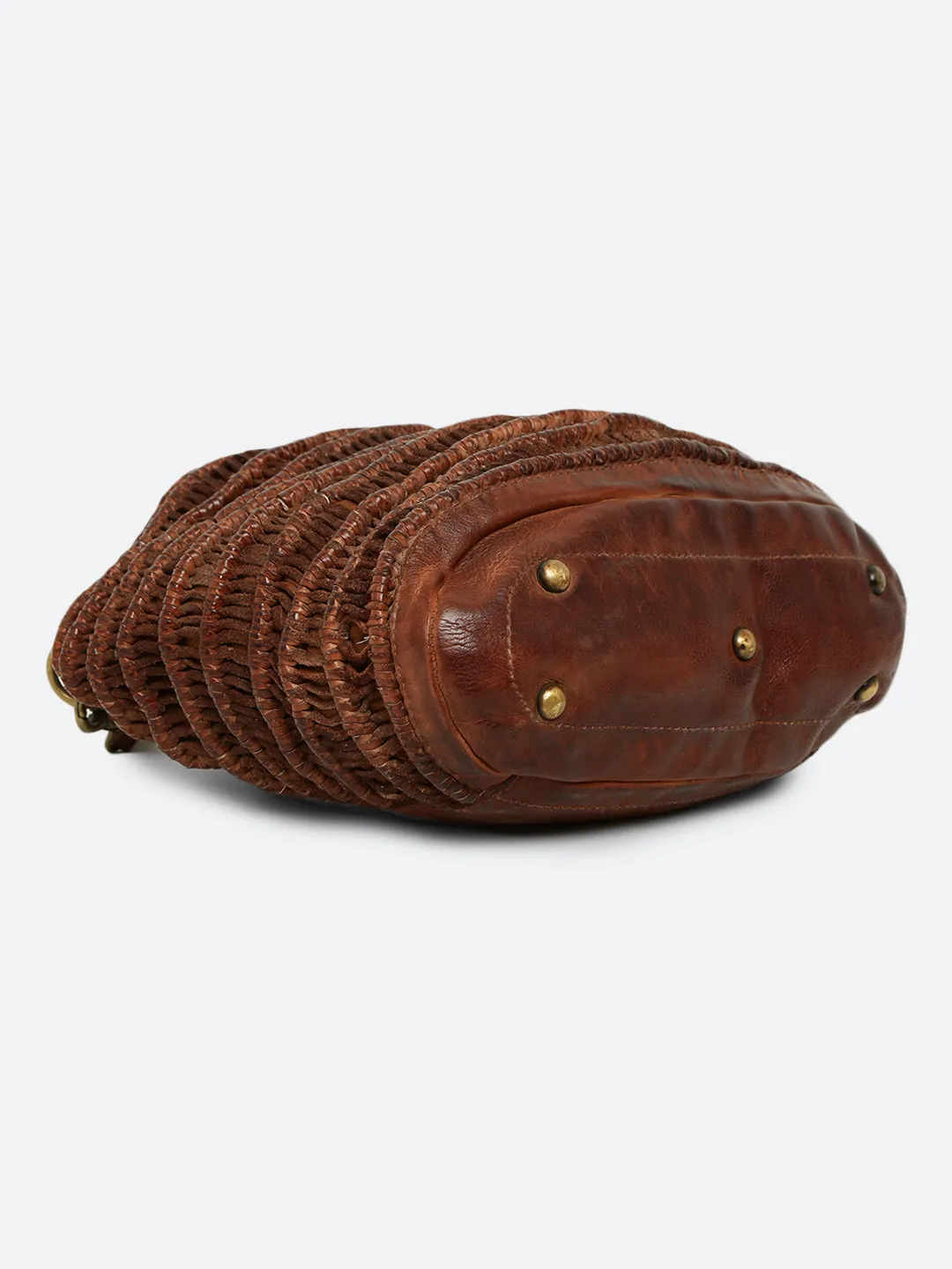 Meidl: Cognac Leather Macrame Weaving Bucket Drawstring Bag