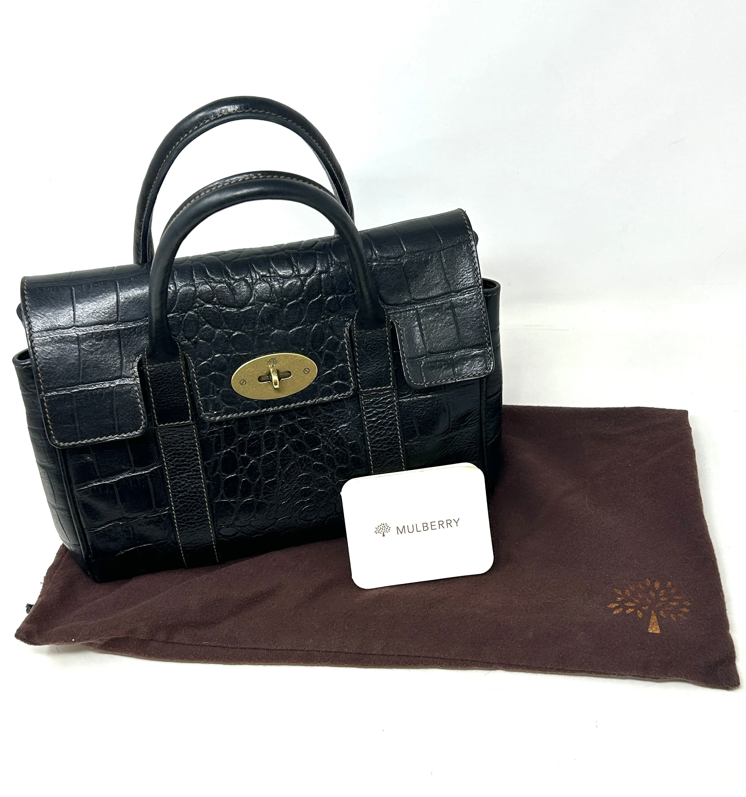 Mulberry Bayswater Black Leather Mock Croc Small Tote Handbag