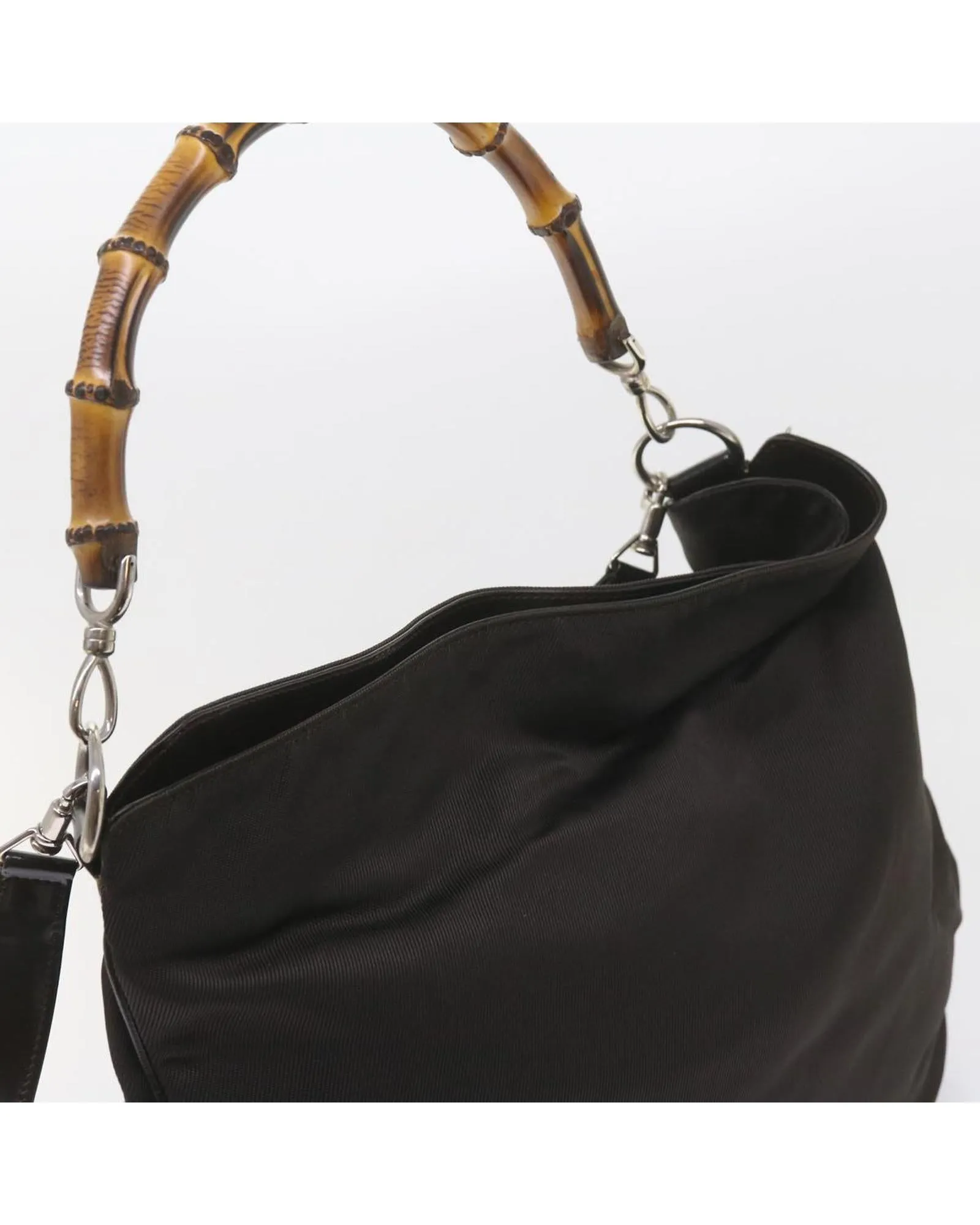 Nylon Shoulder Bag with Bamboo Detail - Black