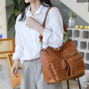 Oversized Soft Vegan Leather Multi-Pocket Vintage Shoulder Bags