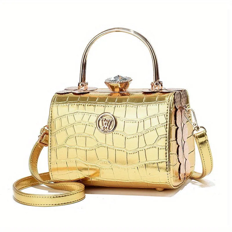 Rhinestone Crocodile Embossed Top Ring Box Leather Handbags