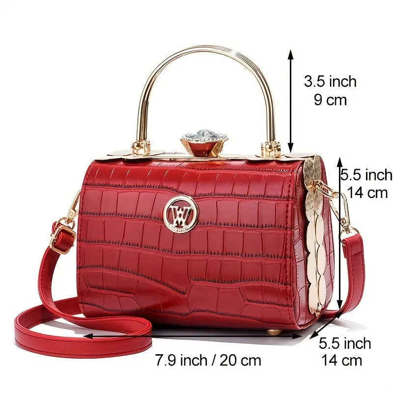 Rhinestone Crocodile Embossed Top Ring Box Leather Handbags