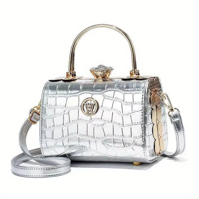 Rhinestone Crocodile Embossed Top Ring Box Leather Handbags