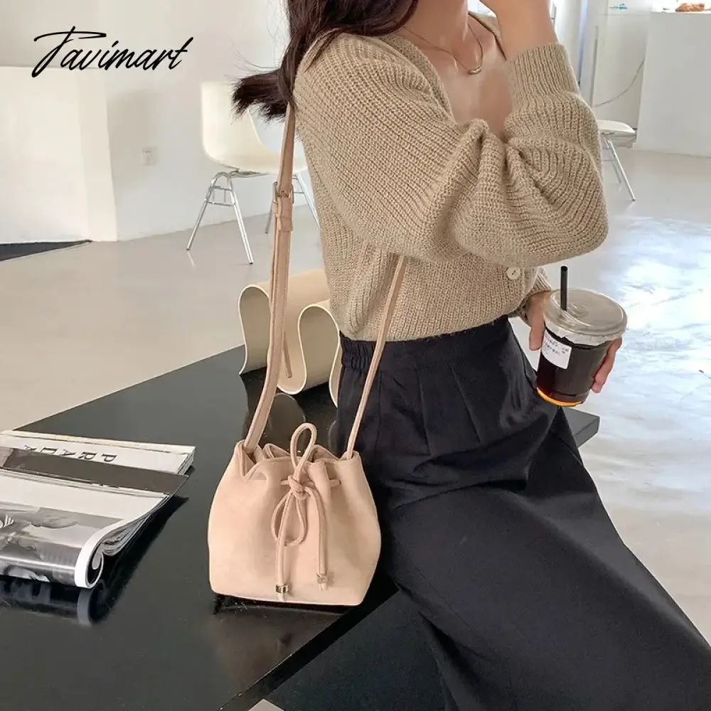 Tavimart Ins Suede Designer Luxury Bag Winter Retro Drawstring Crossbody Bucket Bags Long Strap Mini Cute Women's Shoulder Handbags