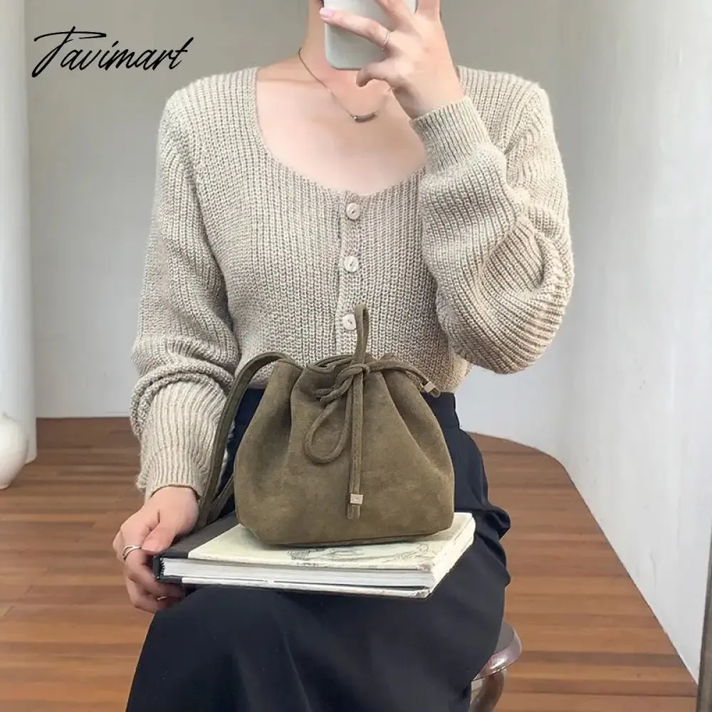 Tavimart Ins Suede Designer Luxury Bag Winter Retro Drawstring Crossbody Bucket Bags Long Strap Mini Cute Women's Shoulder Handbags