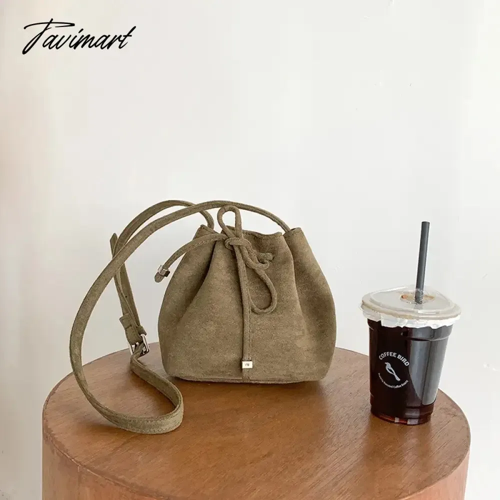 Tavimart Ins Suede Designer Luxury Bag Winter Retro Drawstring Crossbody Bucket Bags Long Strap Mini Cute Women's Shoulder Handbags