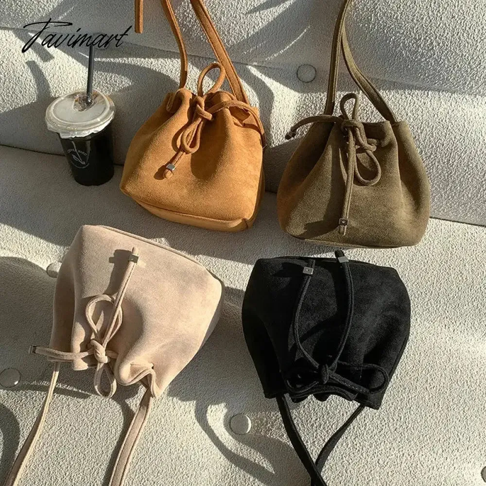 Tavimart Ins Suede Designer Luxury Bag Winter Retro Drawstring Crossbody Bucket Bags Long Strap Mini Cute Women's Shoulder Handbags