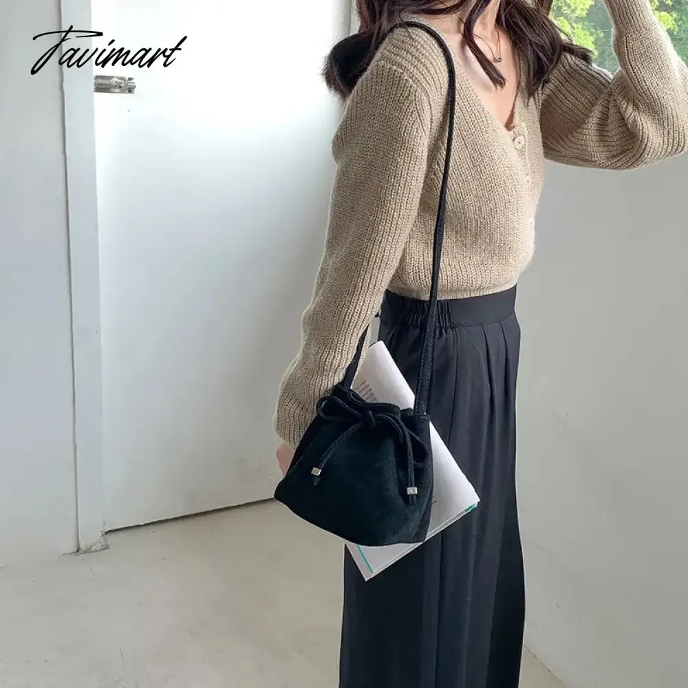 Tavimart Ins Suede Designer Luxury Bag Winter Retro Drawstring Crossbody Bucket Bags Long Strap Mini Cute Women's Shoulder Handbags