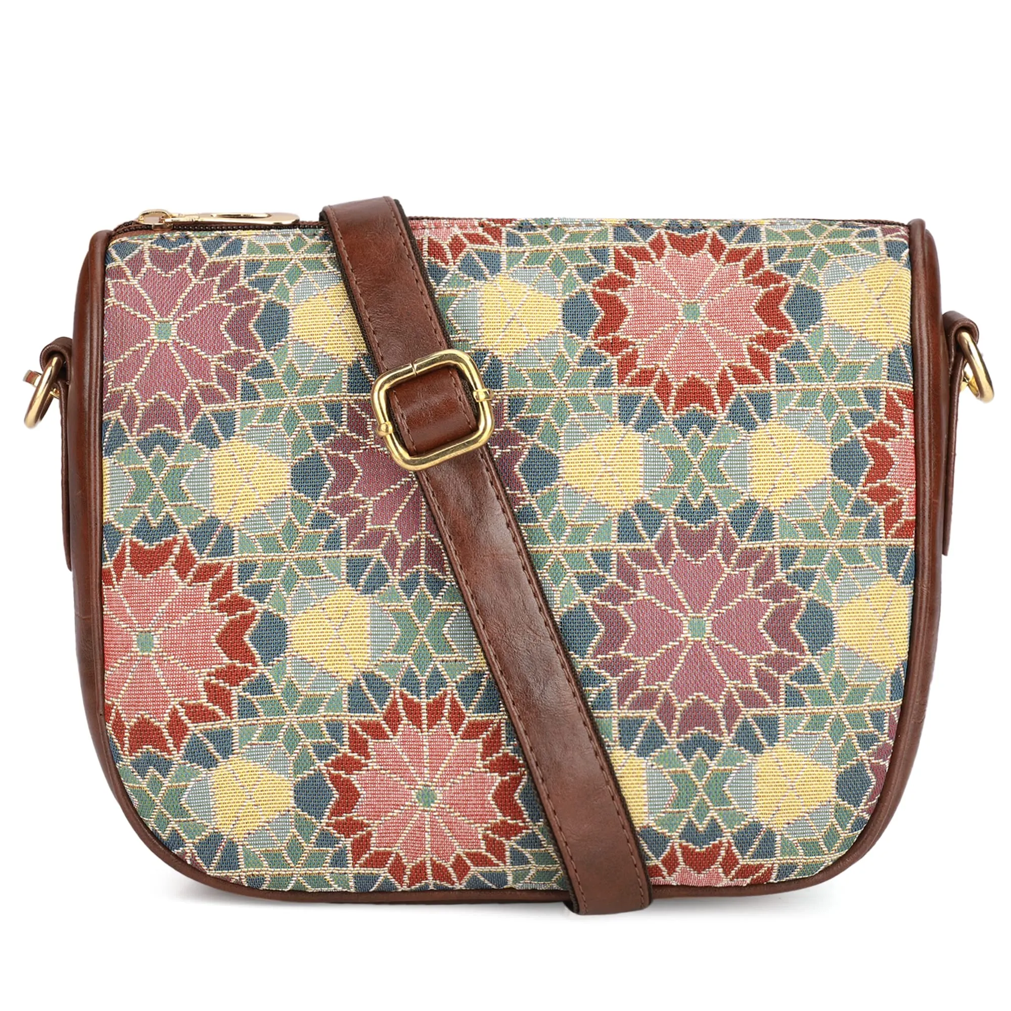 THE CLOWNFISH Garnet Series Printed Handicraft Fabric & Tapestry Crossbody Sling Bag for Women Ladies Single Shoulder Bag Shoulder Belt (Multicolour-Floral)