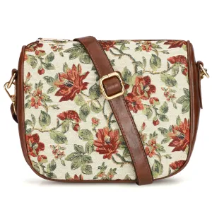 The Clownfish Garnet Series Printed Handicraft Fabric & Tapestry Crossbody Sling Bag for Women Ladies Single Shoulder Bag Shoulder Belt (Off White-Floral)