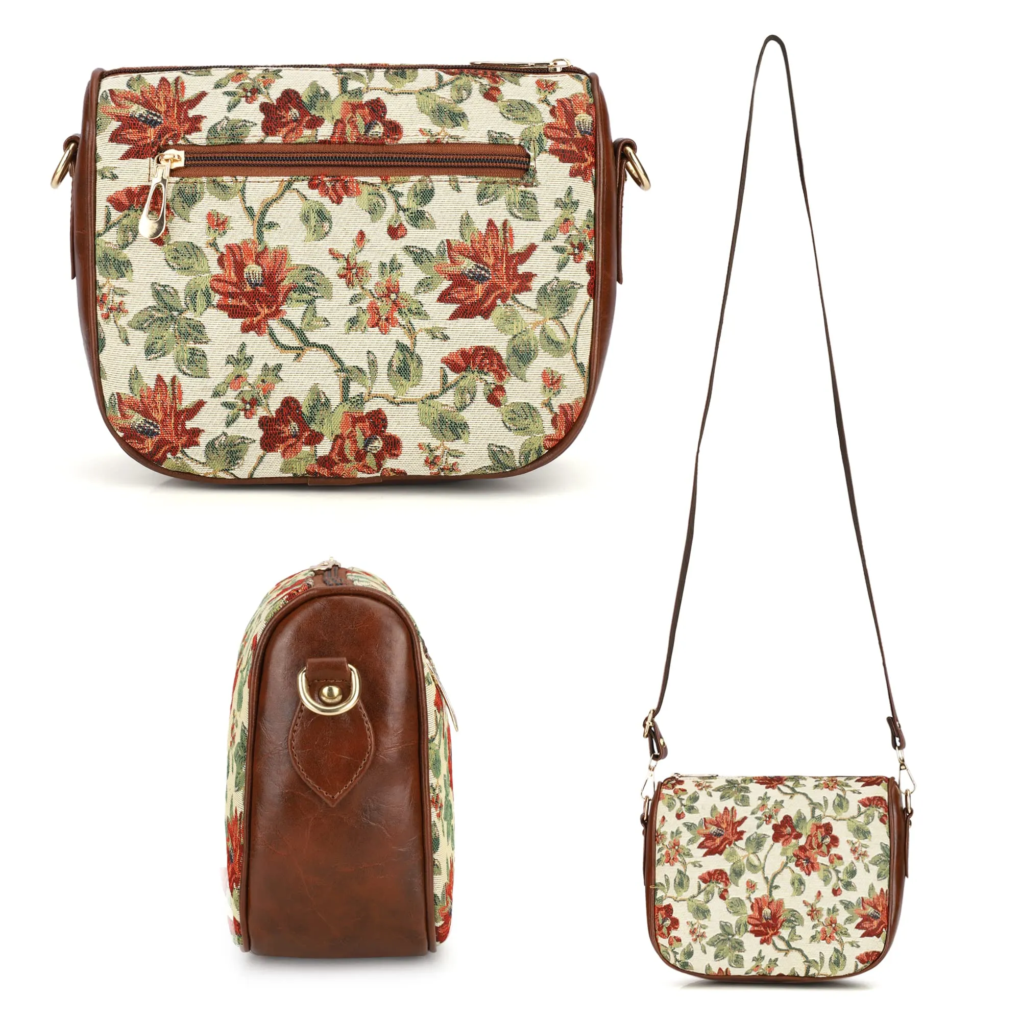 The Clownfish Garnet Series Printed Handicraft Fabric & Tapestry Crossbody Sling Bag for Women Ladies Single Shoulder Bag Shoulder Belt (Off White-Floral)