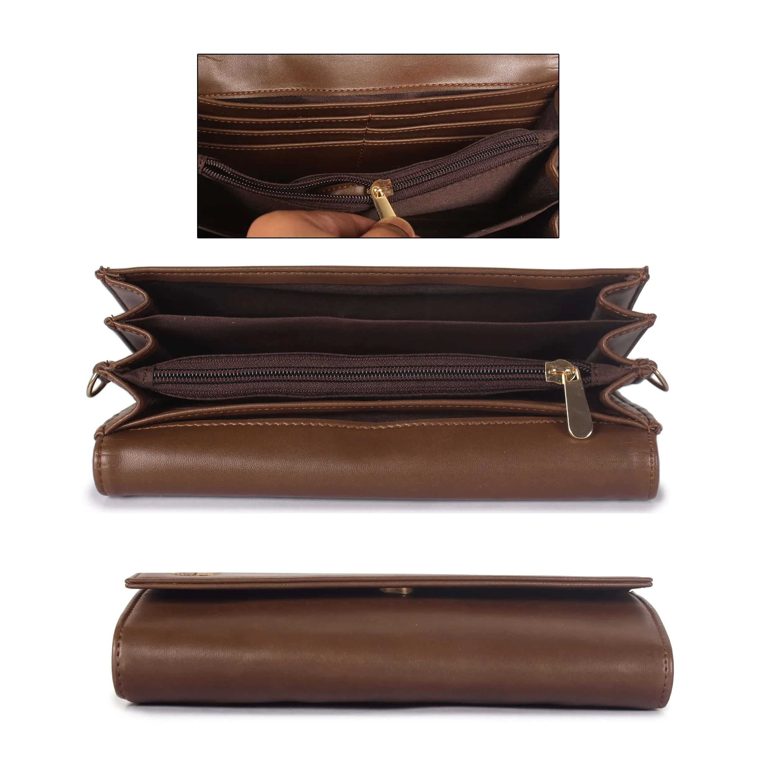 THE CLOWNFISH Ivana Series Womens Wallet Clutch Ladies Purse Sling Bag with multiple card slots (Brown)