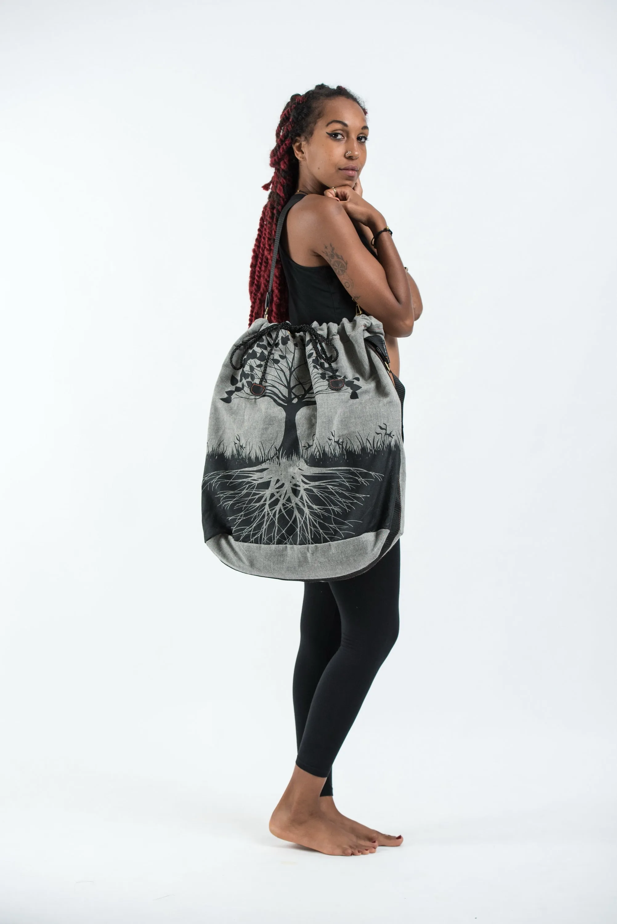 Tree of Life Oversize Drawstring Shoulder Bag  in Denim Gray