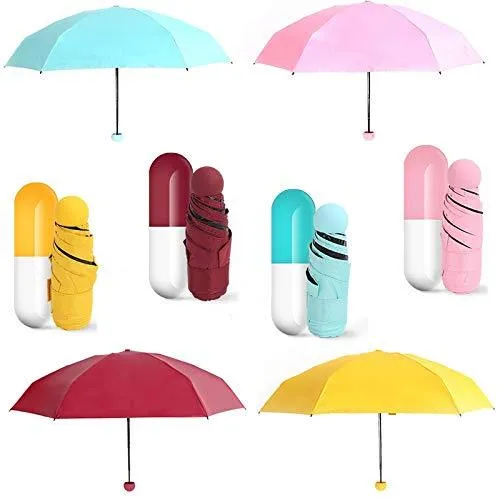 Umbrella with Capsule Shape Bottle Case Cover & Long Size Handle | Small Cute Sun & Rain Waterproof Ultra Portable Protective Mini Travel UV Umbrella