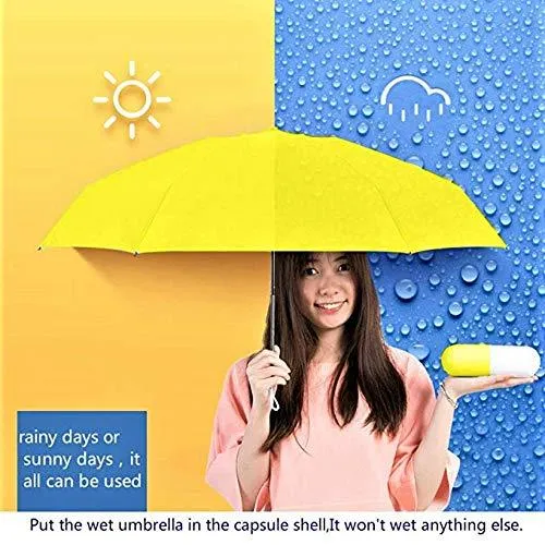 Umbrella with Capsule Shape Bottle Case Cover & Long Size Handle | Small Cute Sun & Rain Waterproof Ultra Portable Protective Mini Travel UV Umbrella