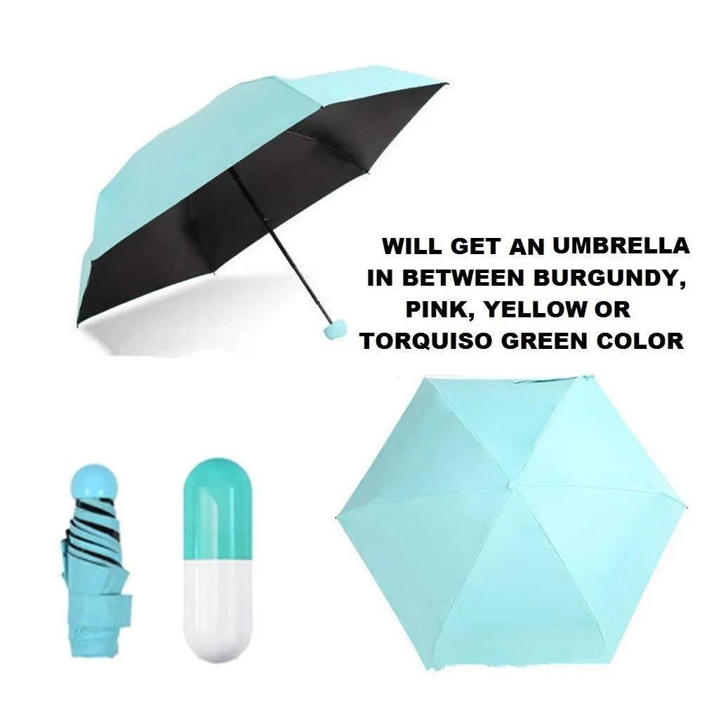 Umbrella with Capsule Shape Bottle Case Cover & Long Size Handle | Small Cute Sun & Rain Waterproof Ultra Portable Protective Mini Travel UV Umbrella