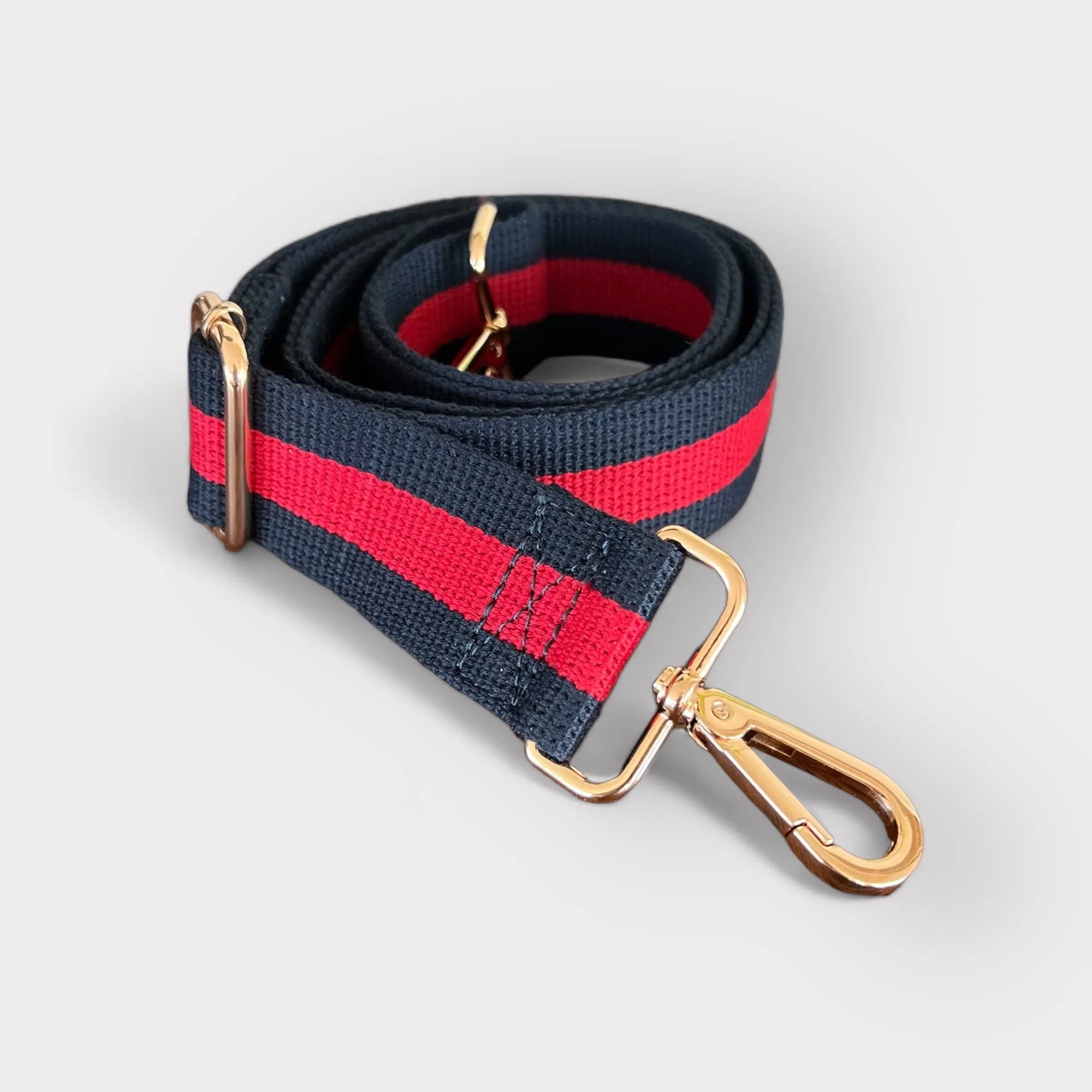 Webbing Shoulder Strap NEW Navy/ Red Stripe - Gold Hardware