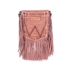 Wrangler Leather Fringe Jean Denim Pocket Crossbody Bag - Pink/Pink